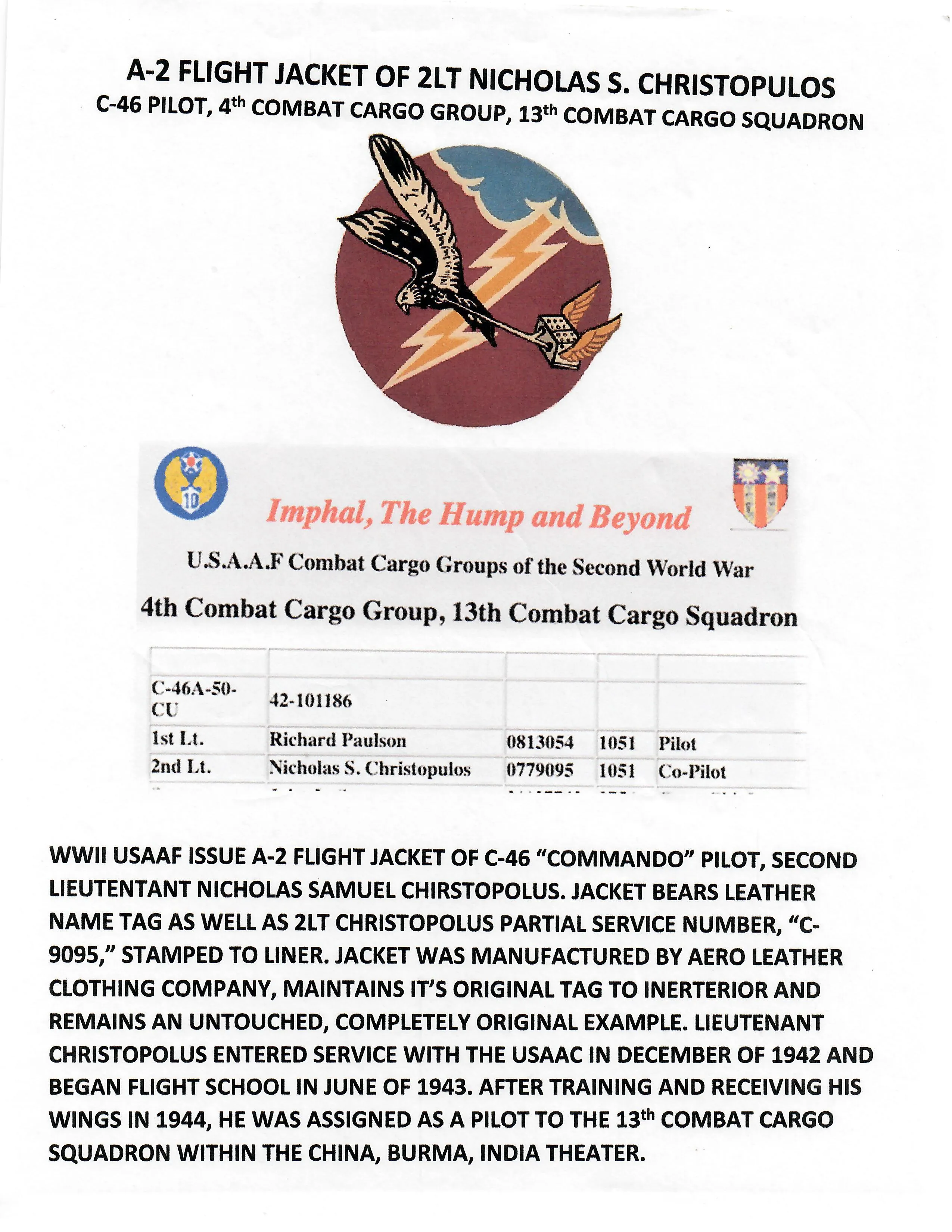 Original U.S. WWII A-2 Flight Jacket C-46 Pilot Nicholas Chritopulos - 4th Combat Cargo Group - 13th Combat Cargo Squadron
