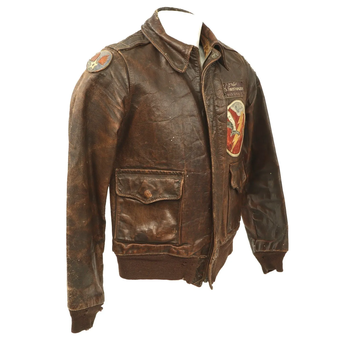 Original U.S. WWII A-2 Flight Jacket C-46 Pilot Nicholas Chritopulos - 4th Combat Cargo Group - 13th Combat Cargo Squadron