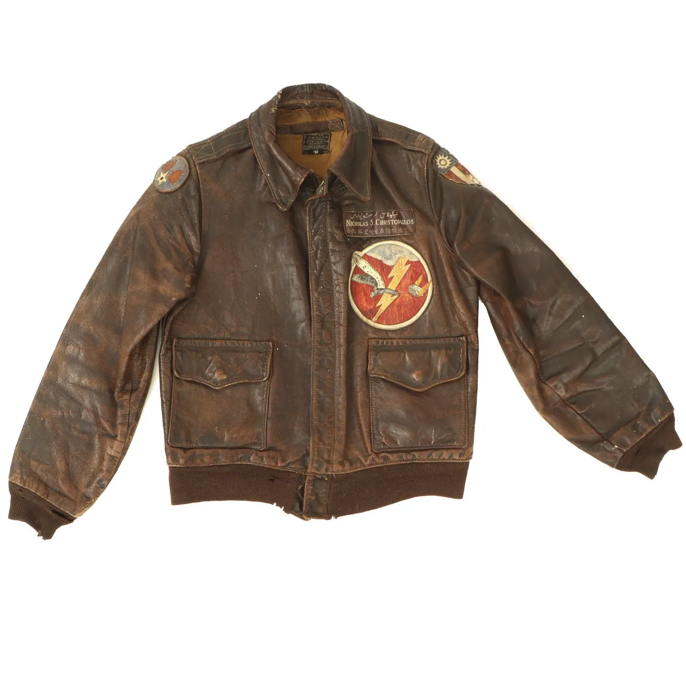 Original U.S. WWII A-2 Flight Jacket C-46 Pilot Nicholas Chritopulos - 4th Combat Cargo Group - 13th Combat Cargo Squadron