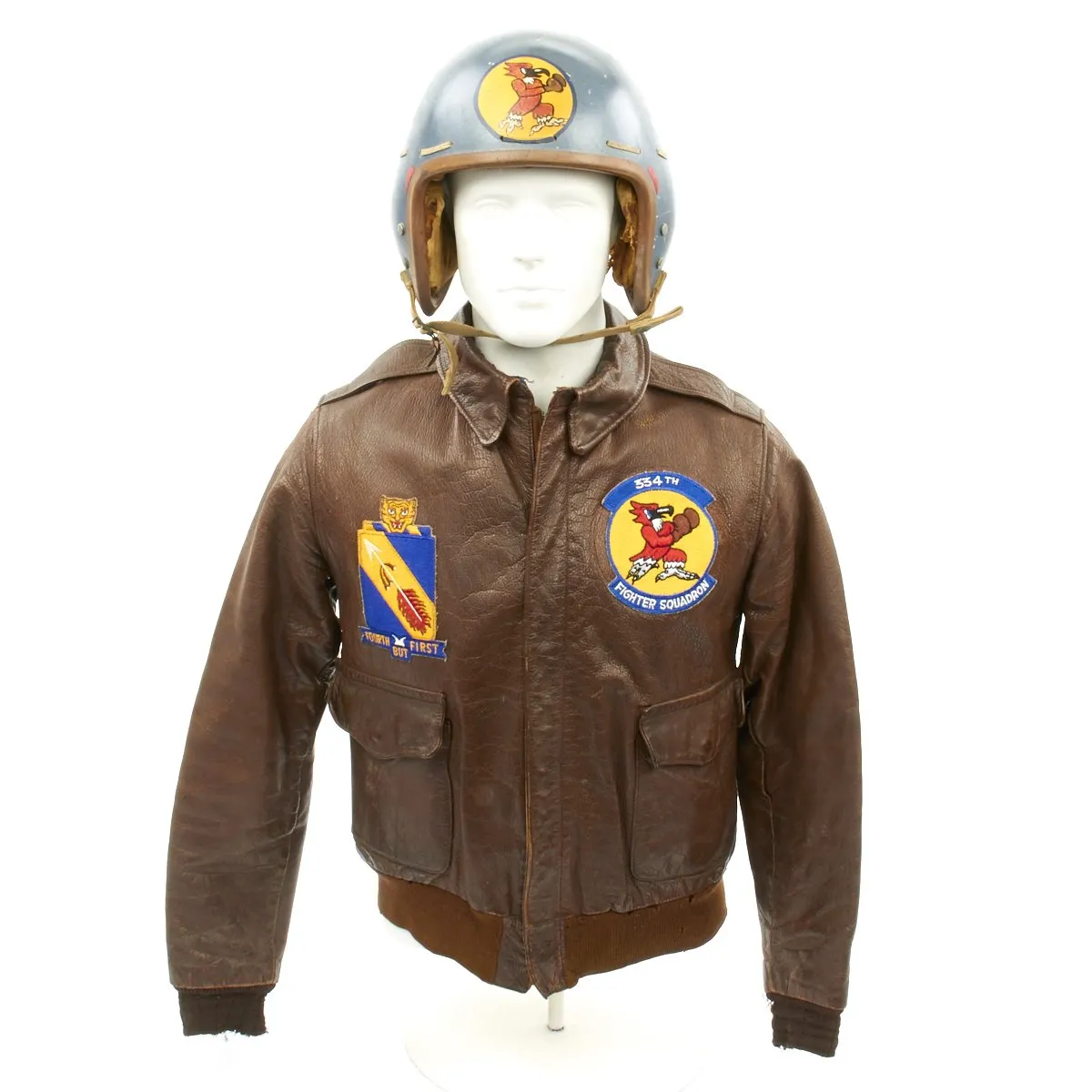 Original U.S. WWII and Korean War 334th Fighter Squadron A-2 Flight Jacket with Helmet