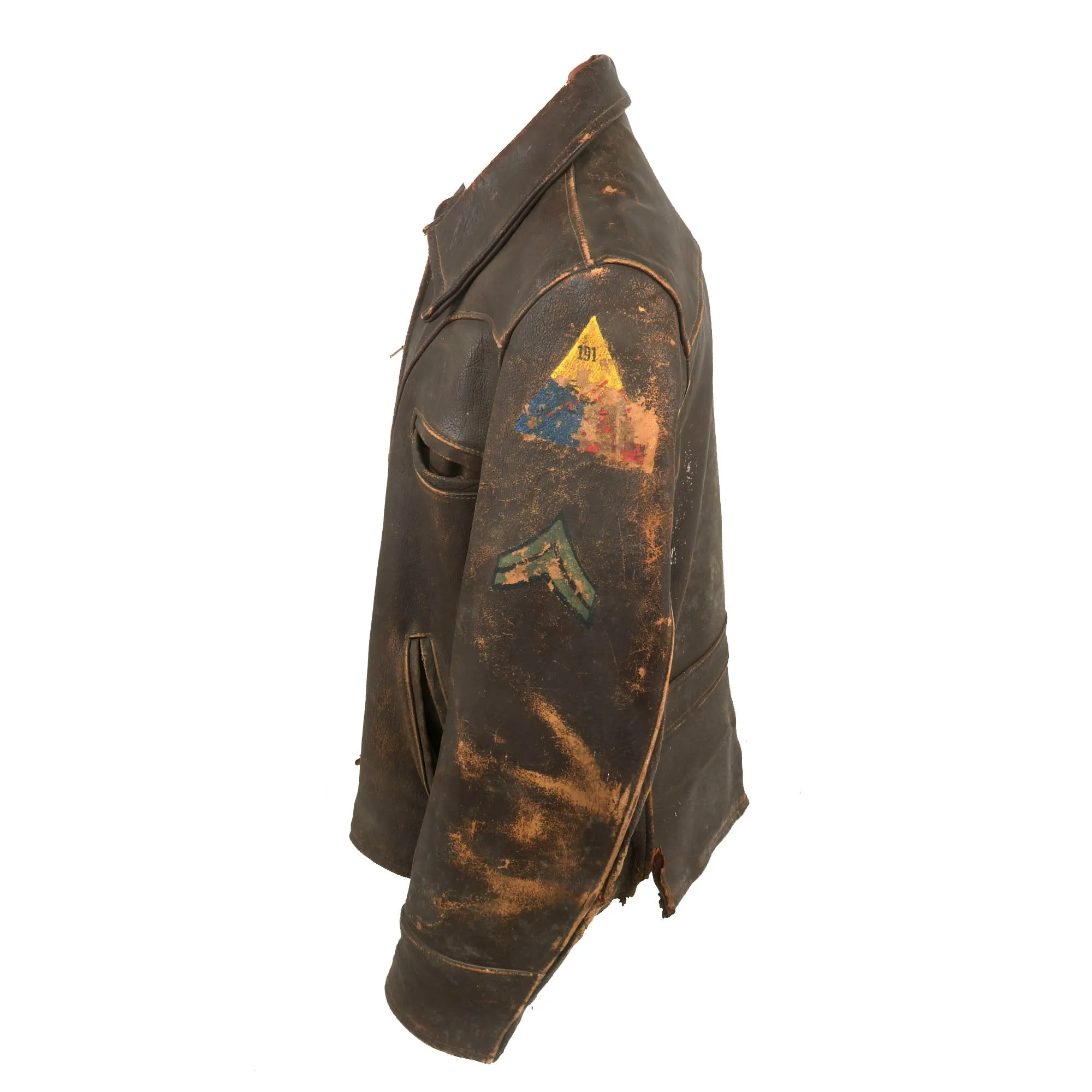 Original U.S. WWII Armored 191st Tank Battalion Army Painted Leather Jacket - 80th Infantry Division Insignia & Corporal Chevrons