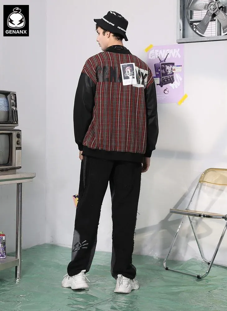 Paneled Plaid Print Patch Baseball Collar Couple Jacket