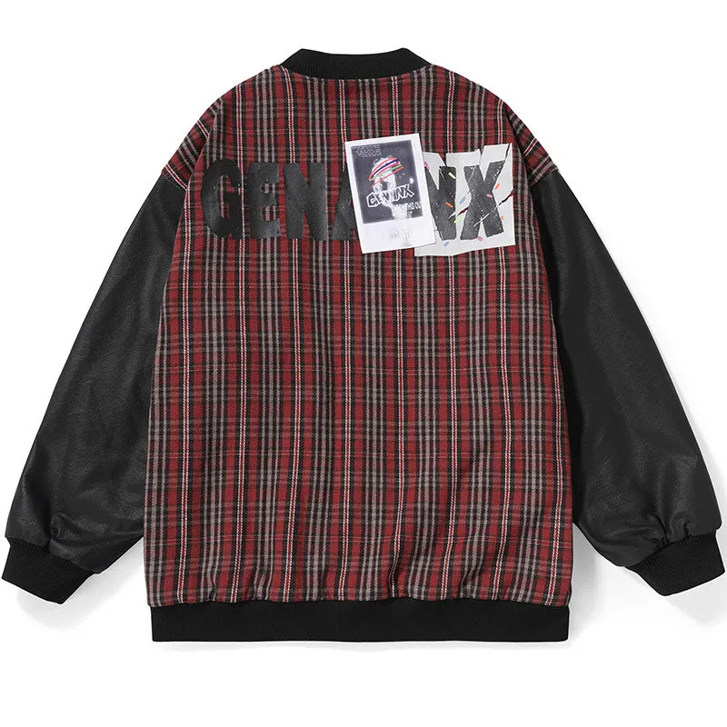 Paneled Plaid Print Patch Baseball Collar Couple Jacket