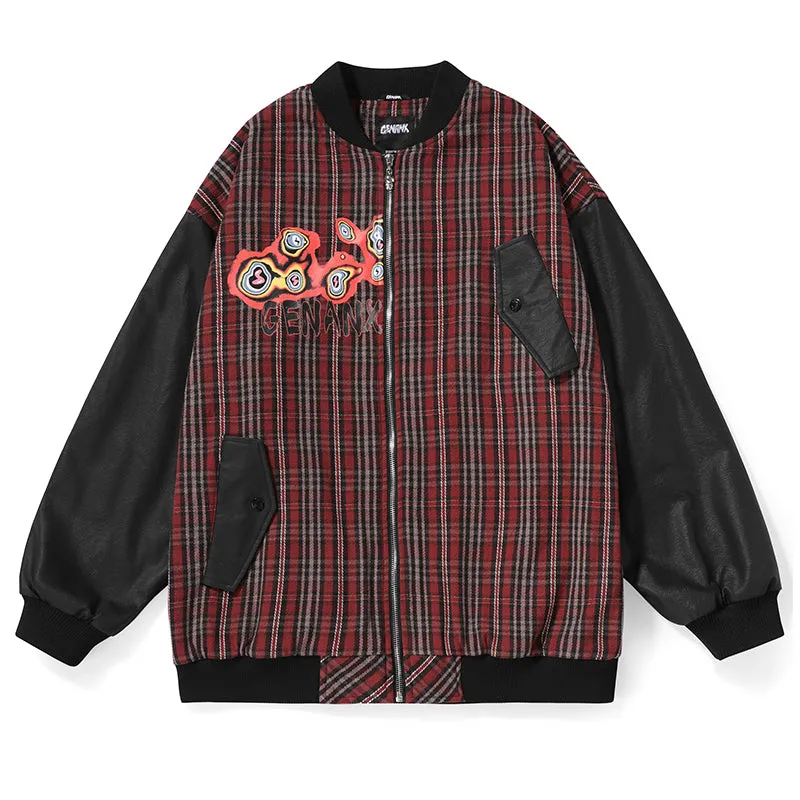 Paneled Plaid Print Patch Baseball Collar Couple Jacket