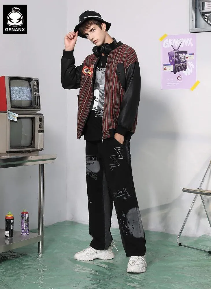 Paneled Plaid Print Patch Baseball Collar Couple Jacket