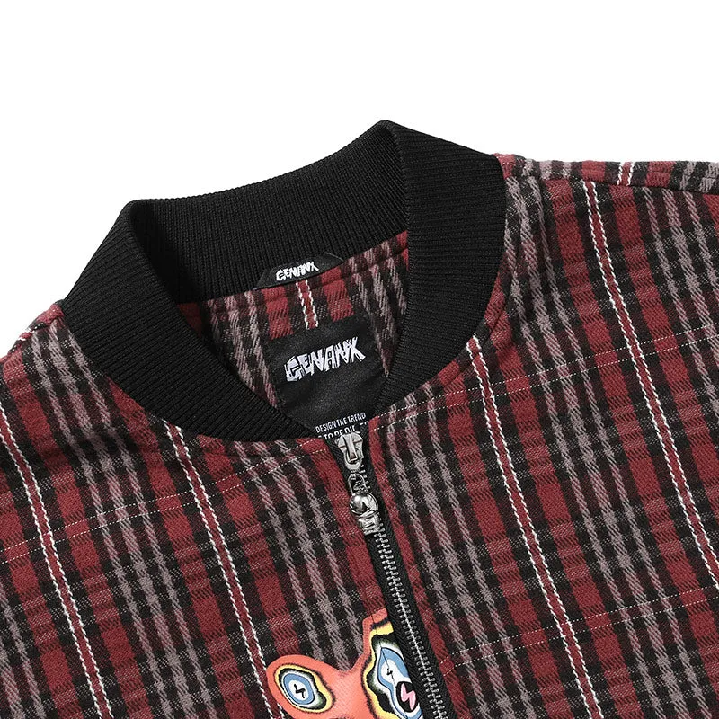 Paneled Plaid Print Patch Baseball Collar Couple Jacket