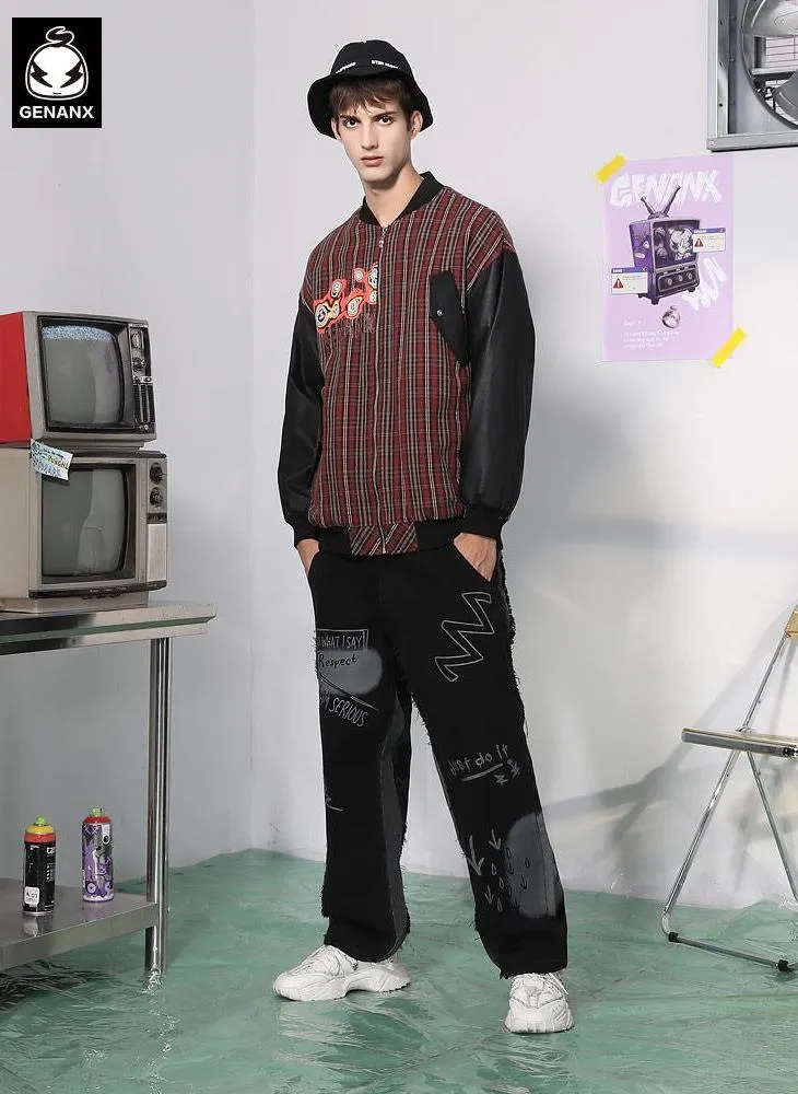 Paneled Plaid Print Patch Baseball Collar Couple Jacket