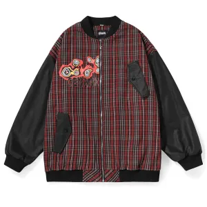 Paneled Plaid Print Patch Baseball Collar Couple Jacket
