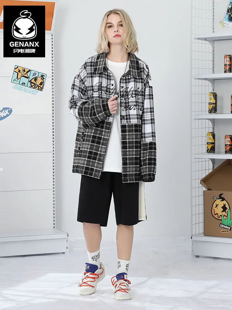 Plaid Color Block Print Drop-Shoulder Sleeve Button Jacket