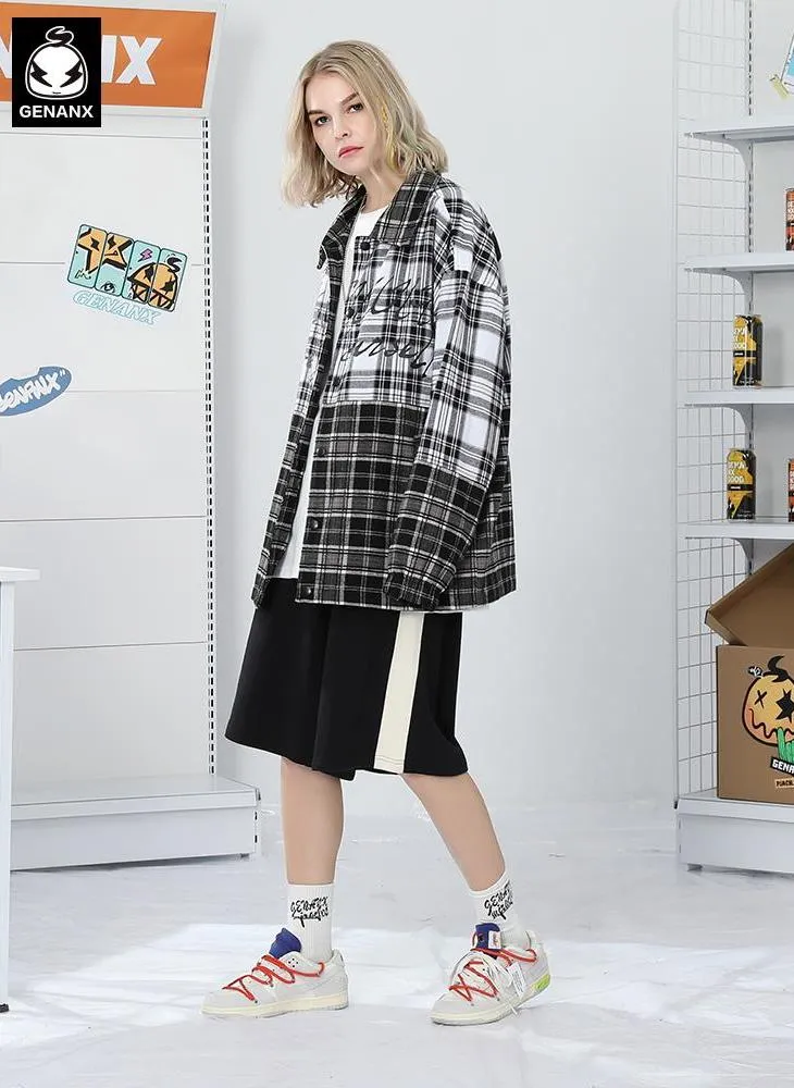 Plaid Color Block Print Drop-Shoulder Sleeve Button Jacket
