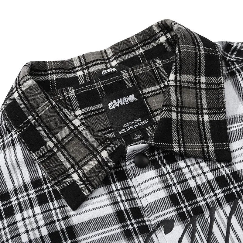Plaid Color Block Print Drop-Shoulder Sleeve Button Jacket