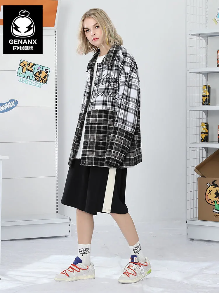 Plaid Color Block Print Drop-Shoulder Sleeve Button Jacket