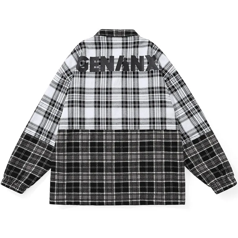 Plaid Color Block Print Drop-Shoulder Sleeve Button Jacket