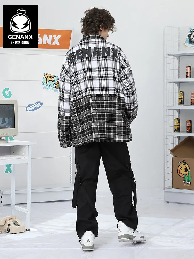 Plaid Color Block Print Drop-Shoulder Sleeve Button Jacket