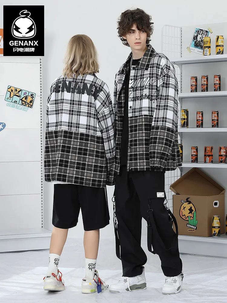 Plaid Color Block Print Drop-Shoulder Sleeve Button Jacket