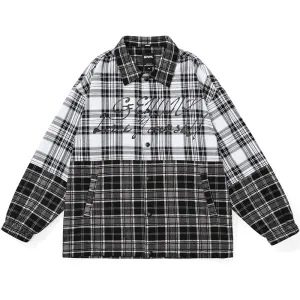 Plaid Color Block Print Drop-Shoulder Sleeve Button Jacket