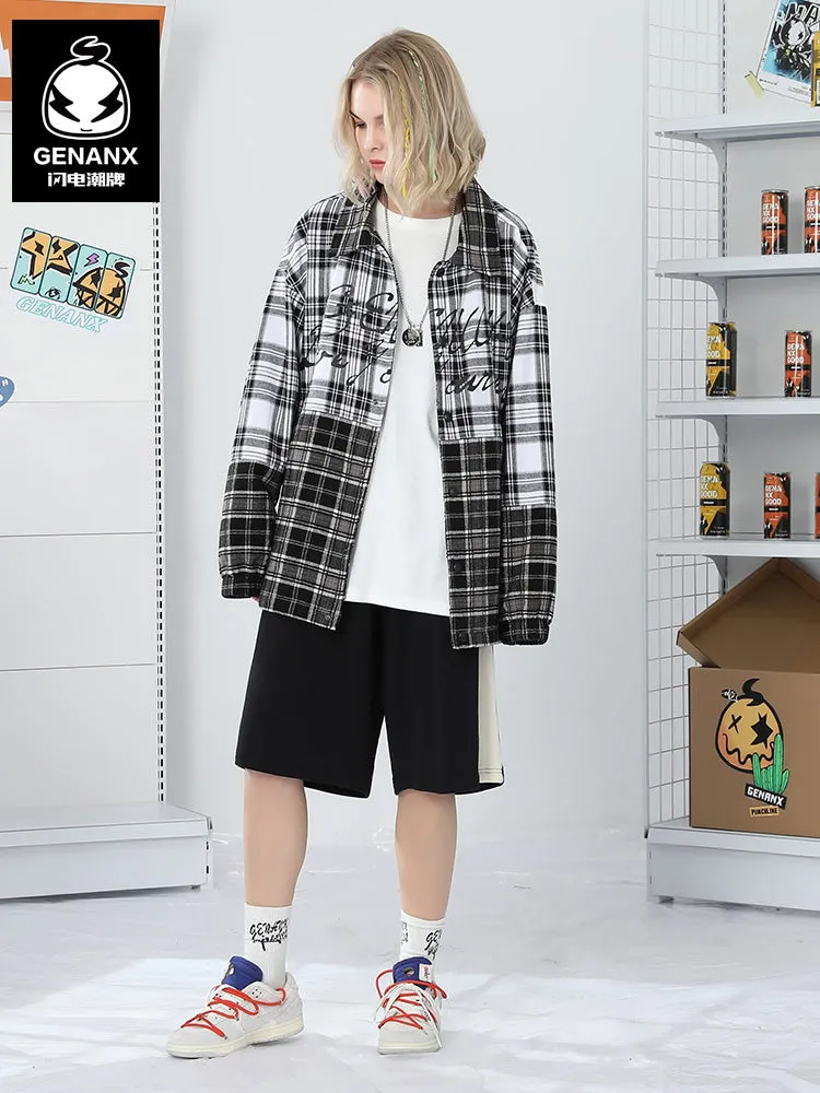Plaid Color Block Print Drop-Shoulder Sleeve Button Jacket