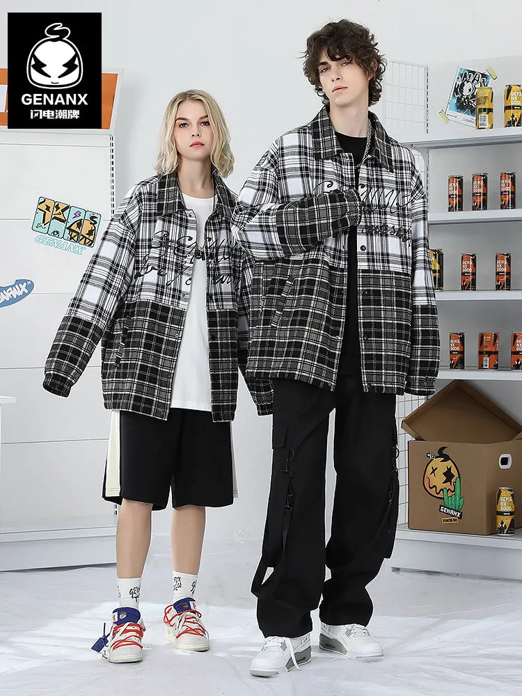 Plaid Color Block Print Drop-Shoulder Sleeve Button Jacket