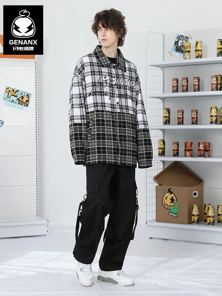 Plaid Color Block Print Drop-Shoulder Sleeve Button Jacket