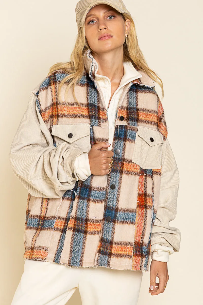 POL Collared Button Down Plaid Shacket With Contrast Sleeve And Frayed Edge Detail In Beige Multi