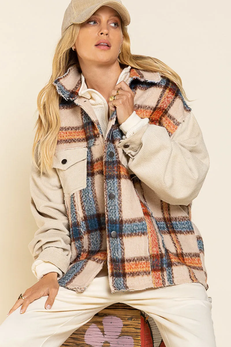 POL Collared Button Down Plaid Shacket With Contrast Sleeve And Frayed Edge Detail In Beige Multi