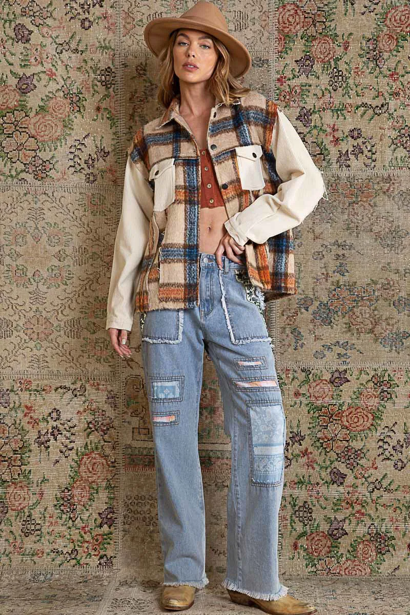 POL Collared Button Down Plaid Shacket With Contrast Sleeve And Frayed Edge Detail In Beige Multi
