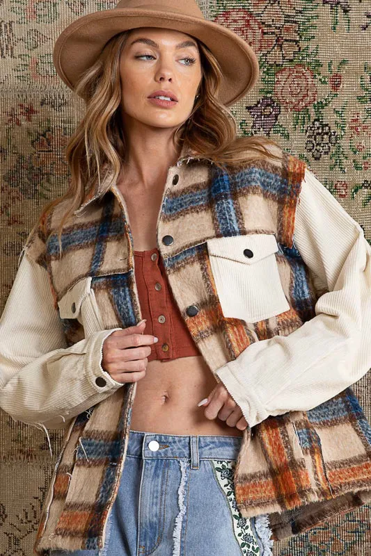 POL Collared Button Down Plaid Shacket With Contrast Sleeve And Frayed Edge Detail In Beige Multi