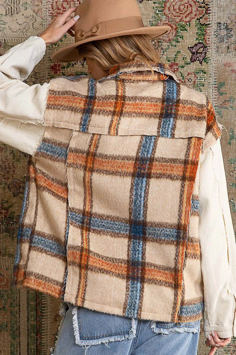 POL Collared Button Down Plaid Shacket With Contrast Sleeve And Frayed Edge Detail In Beige Multi