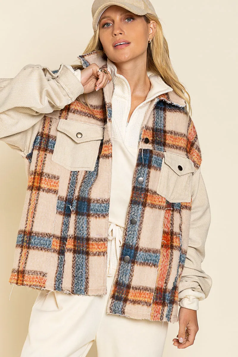 POL Collared Button Down Plaid Shacket With Contrast Sleeve And Frayed Edge Detail In Beige Multi