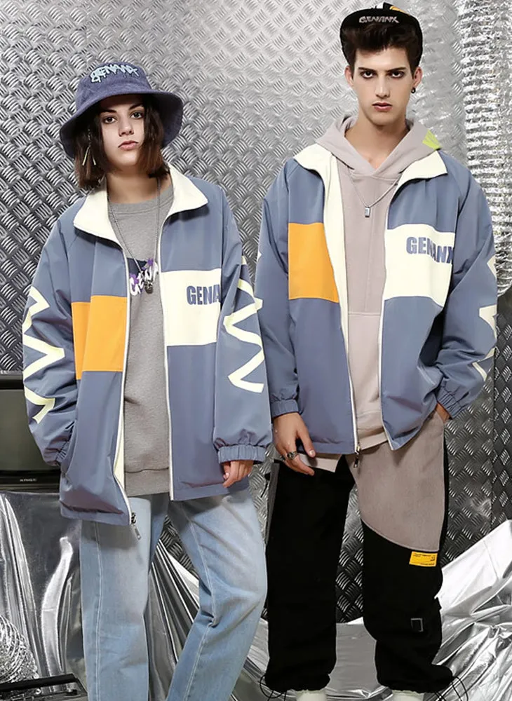 Reversible Color Block Print Lapel Couple Jacket