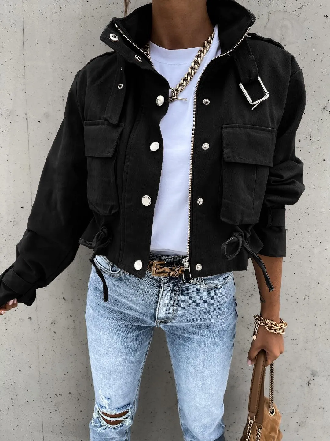 Short Polyester Fiber Top Motorcycle Jacket Coat for Autumn and Winter
