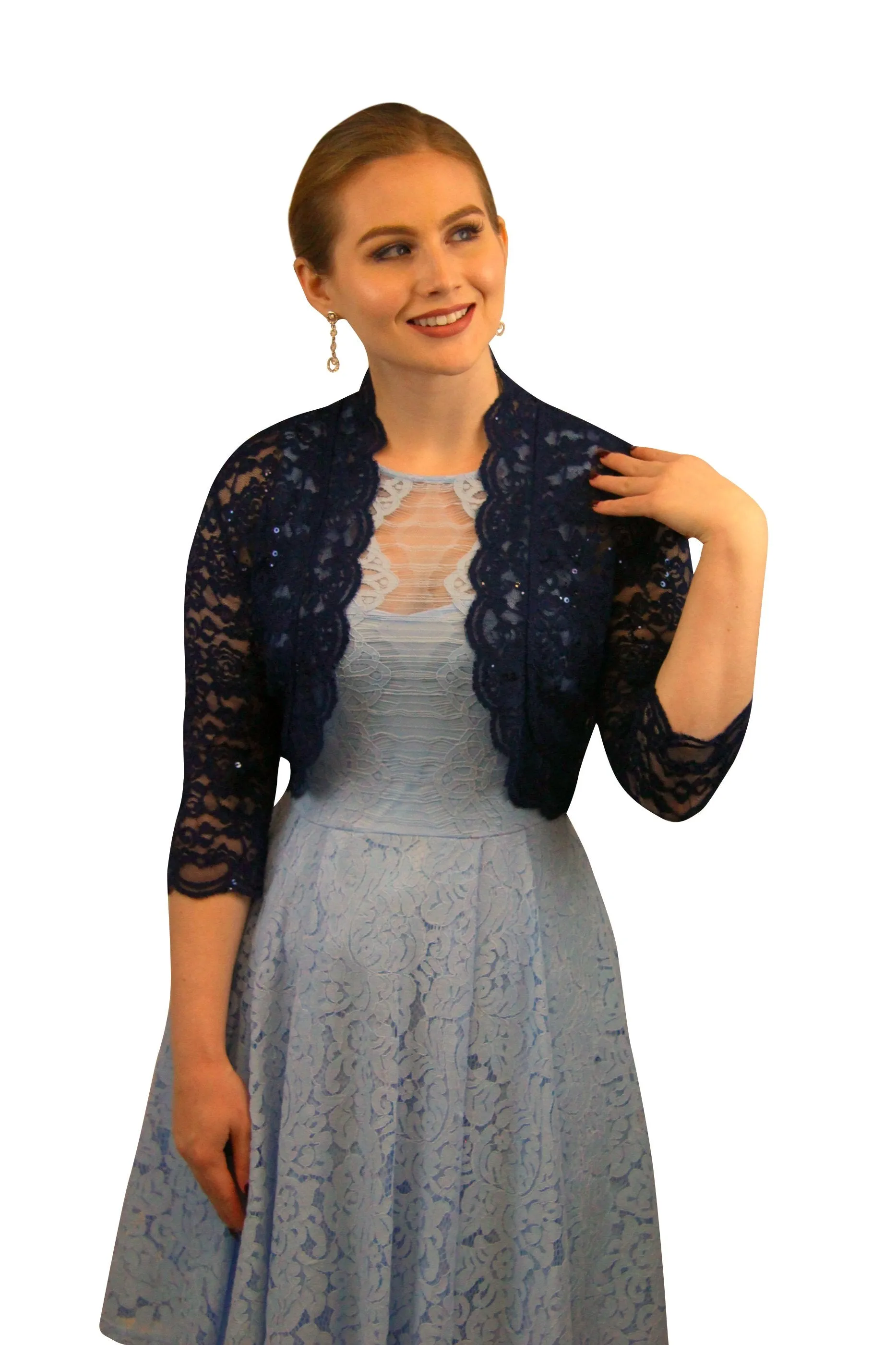 SleekTrends Women Elbow Sleeve Sequin Lace Bolero Jacket - Dressy Shrug