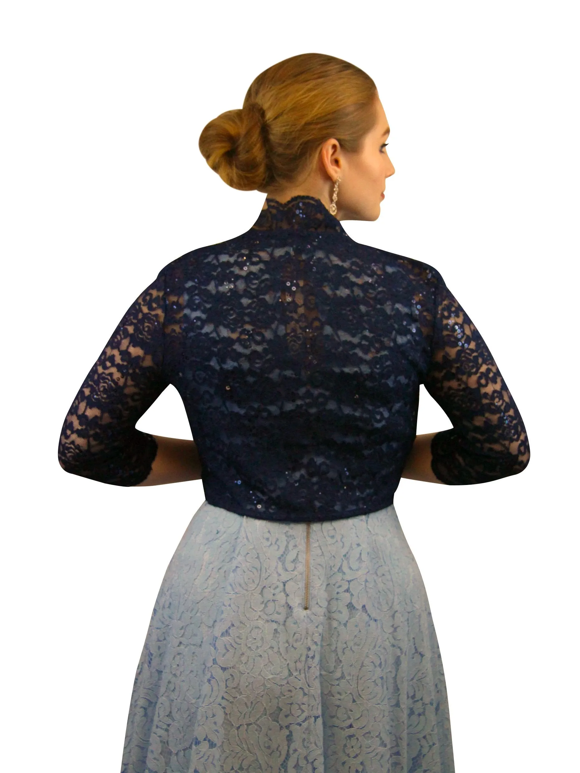 SleekTrends Women Elbow Sleeve Sequin Lace Bolero Jacket - Dressy Shrug