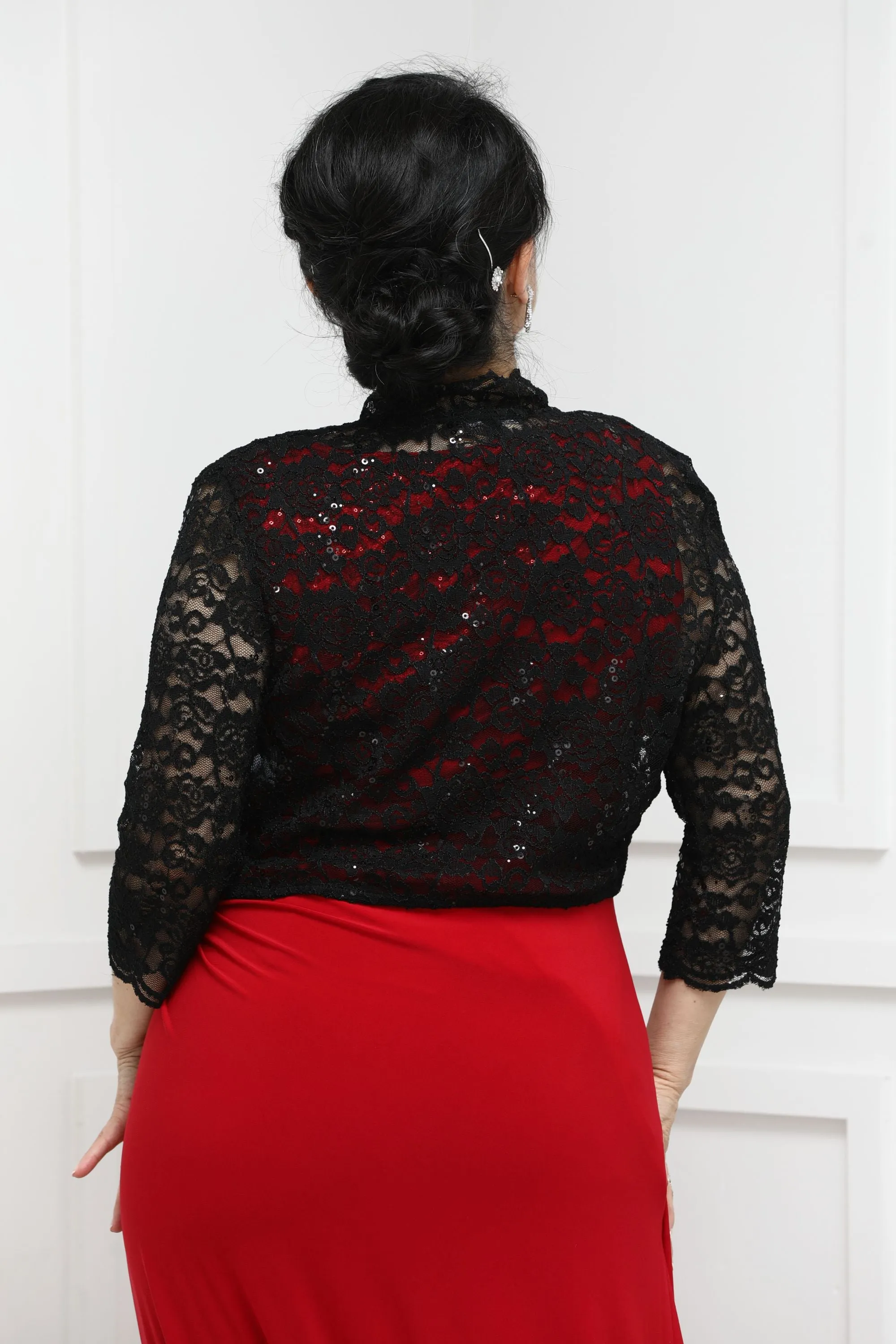 SleekTrends Women Elbow Sleeve Sequin Lace Bolero Jacket - Dressy Shrug