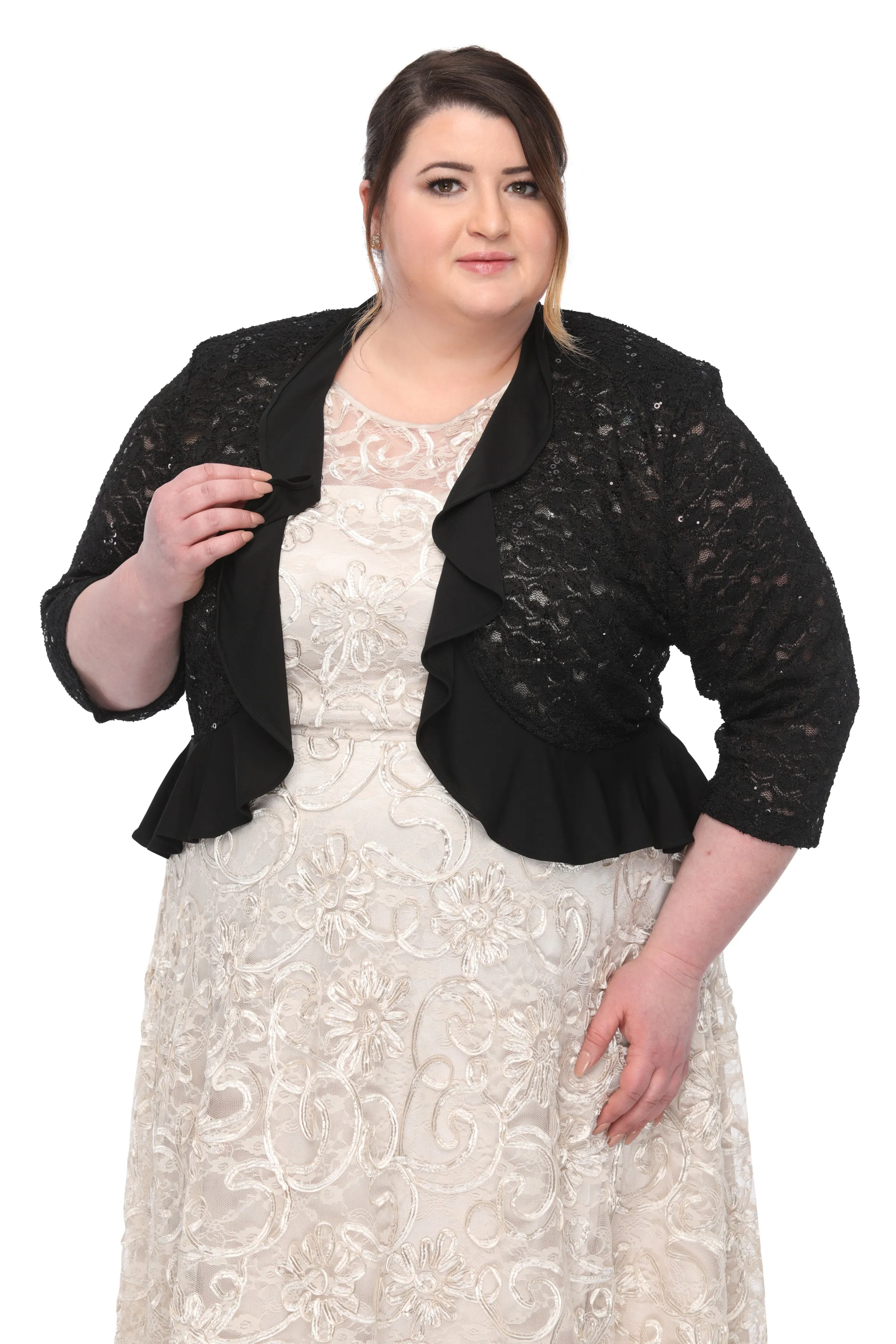SLEEKTRENDS Women's Plus Size Sequin Lace Ruffled  Bolero Jacket