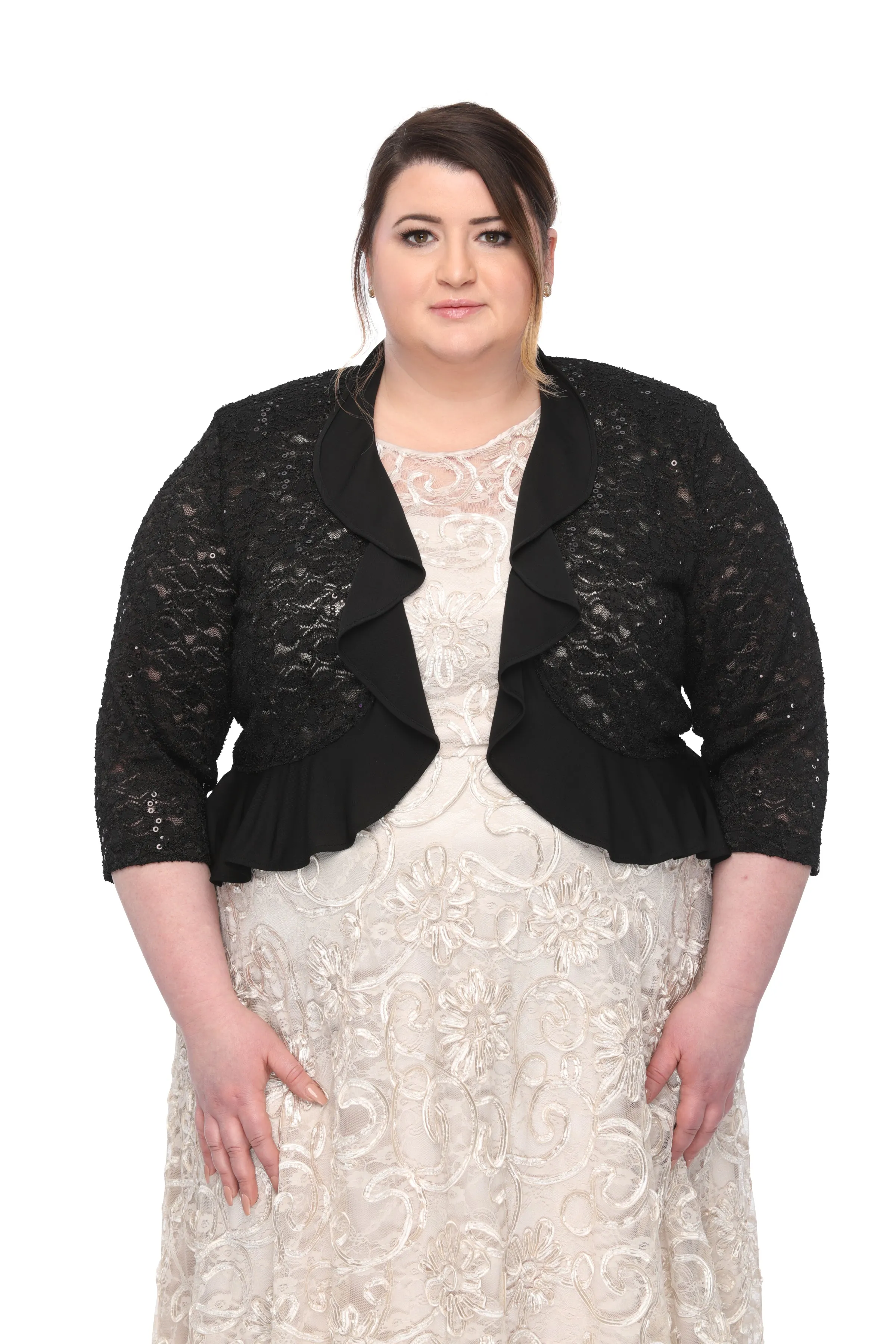SLEEKTRENDS Women's Plus Size Sequin Lace Ruffled  Bolero Jacket