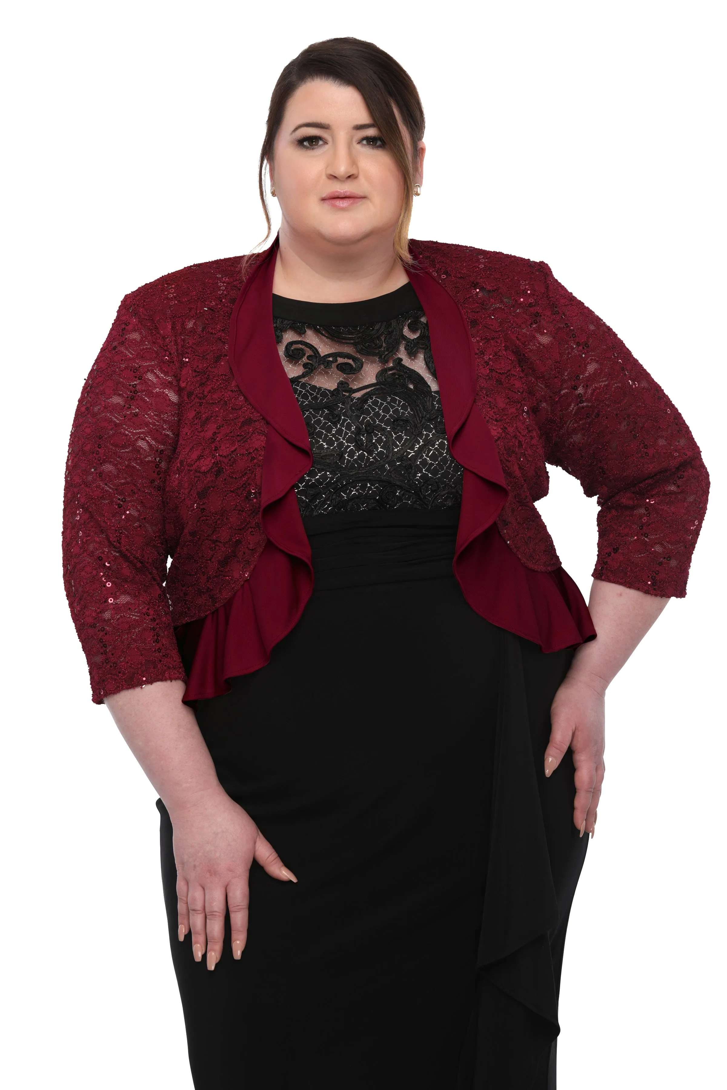 SLEEKTRENDS Women's Plus Size Sequin Lace Ruffled  Bolero Jacket