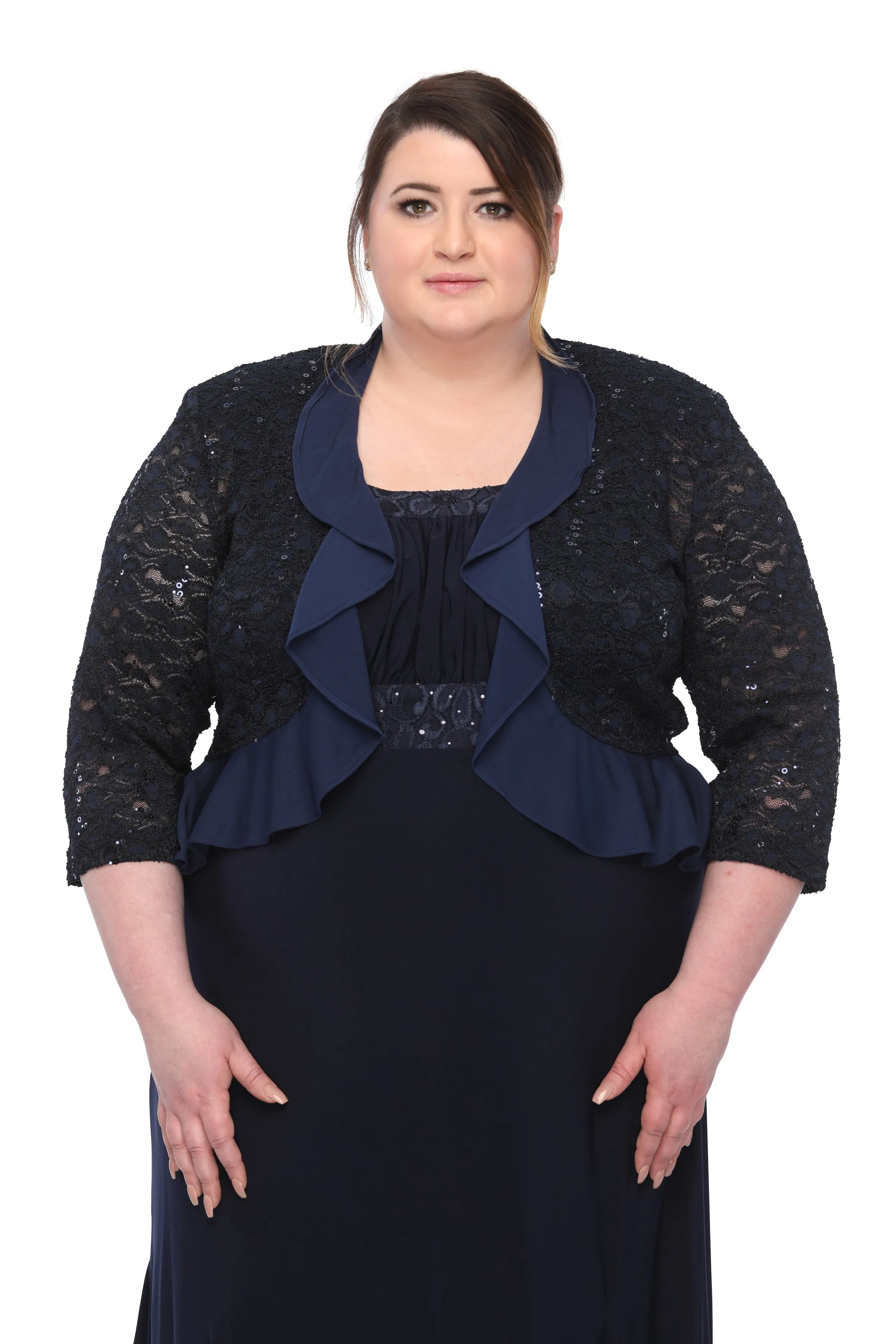 SLEEKTRENDS Women's Plus Size Sequin Lace Ruffled  Bolero Jacket
