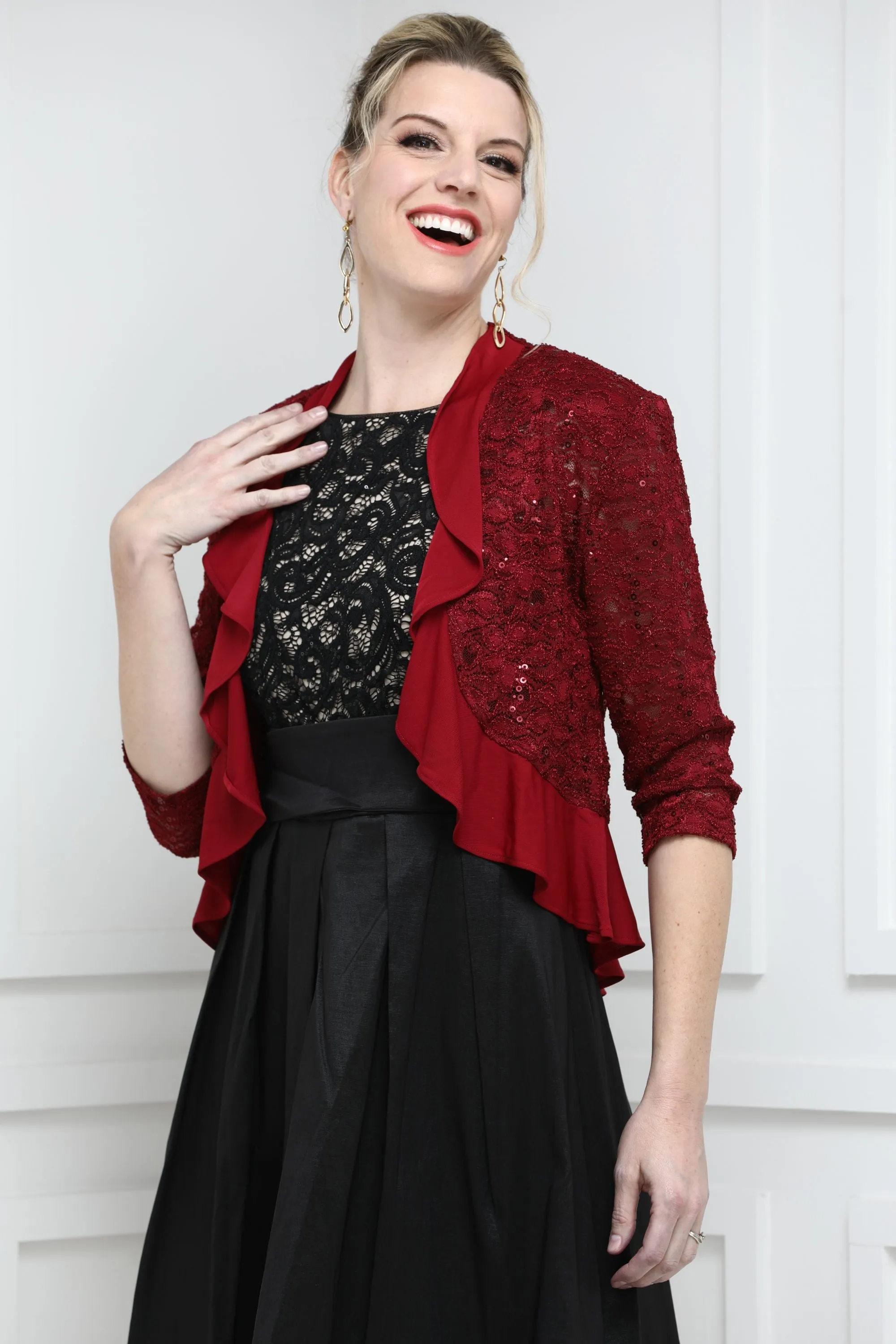 SLEEKTRENDS Women's Sequin Lace Ruffled  Bolero Jacket