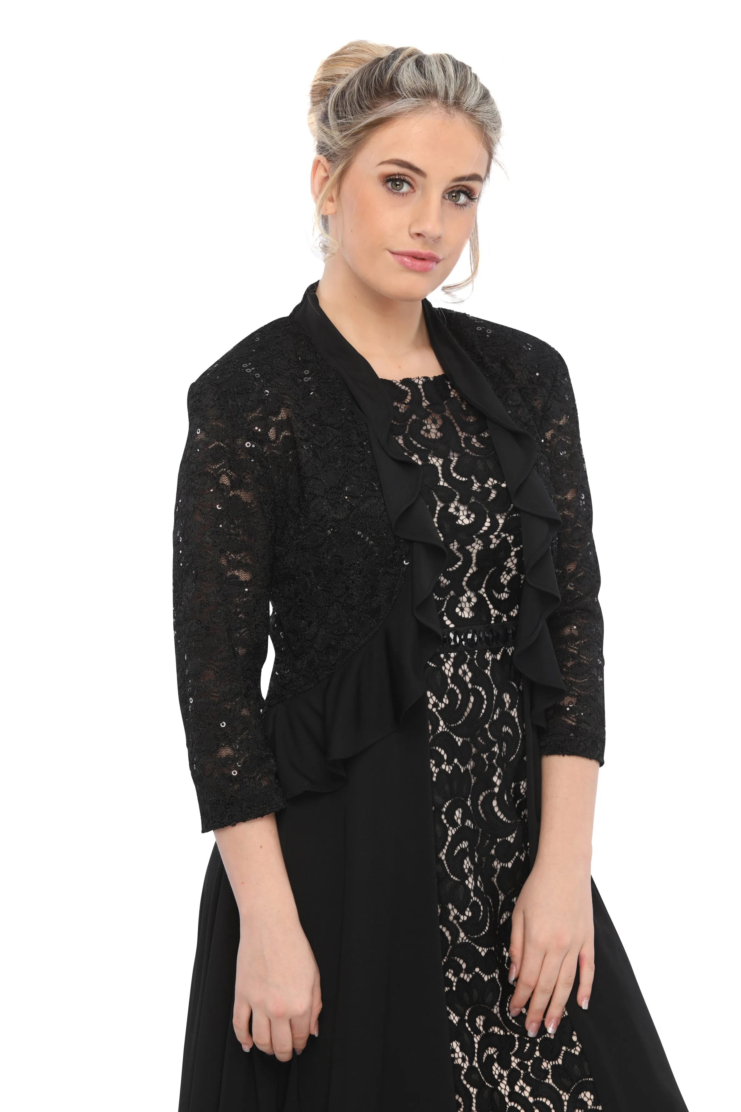 SLEEKTRENDS Women's Sequin Lace Ruffled  Bolero Jacket