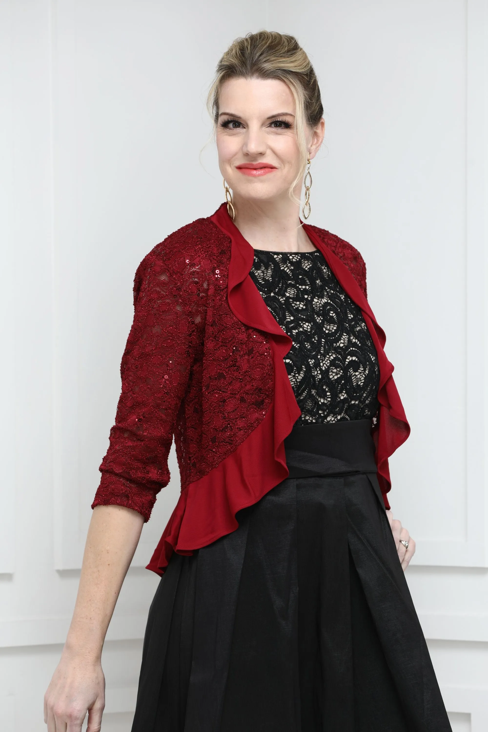 SLEEKTRENDS Women's Sequin Lace Ruffled  Bolero Jacket