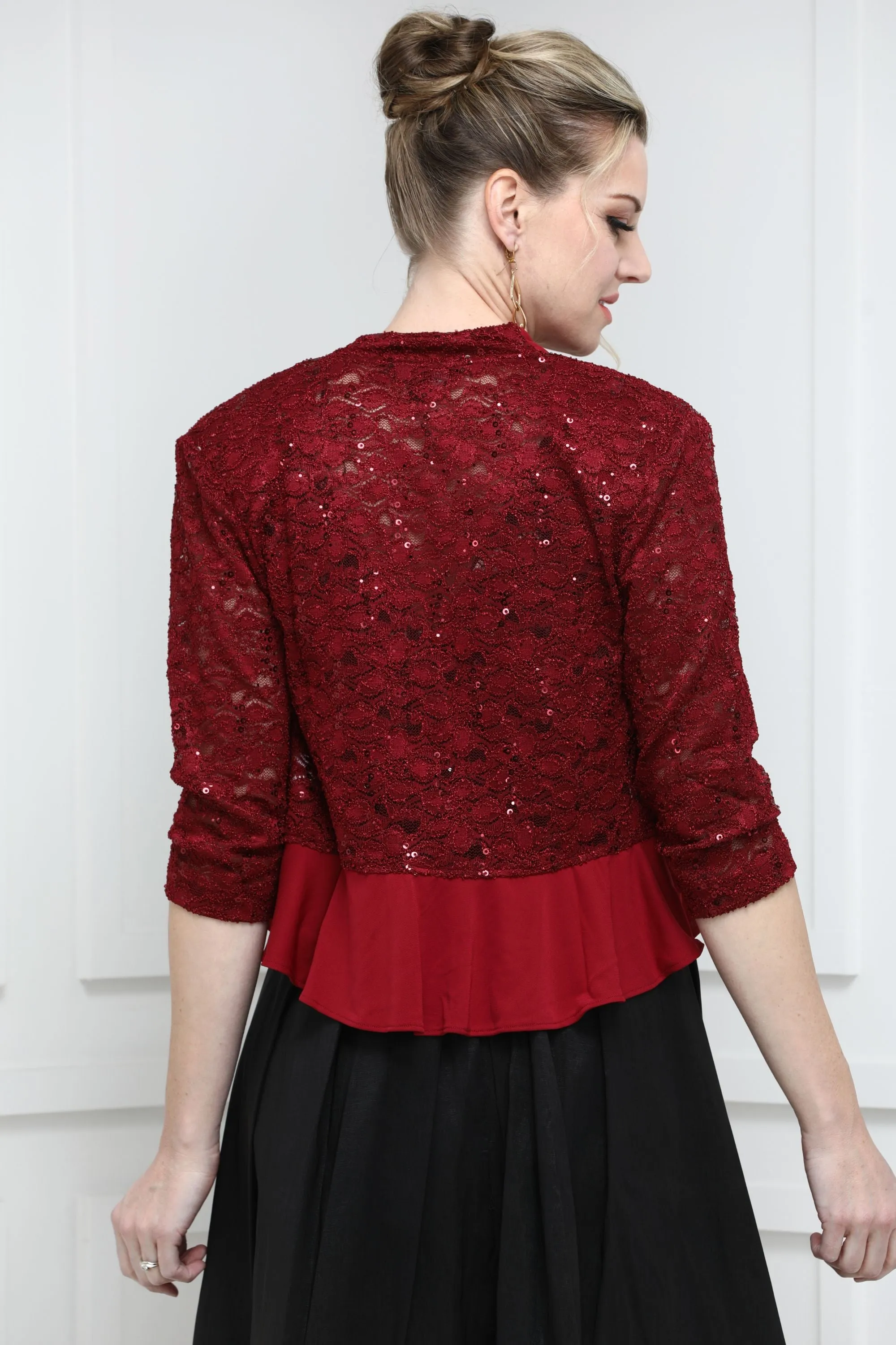 SLEEKTRENDS Women's Sequin Lace Ruffled  Bolero Jacket