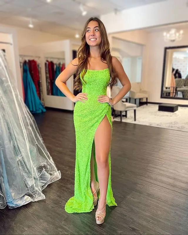 Stunning Mermaid Fluorescent Green Sequins Prom Dresses with Slit VK22041301