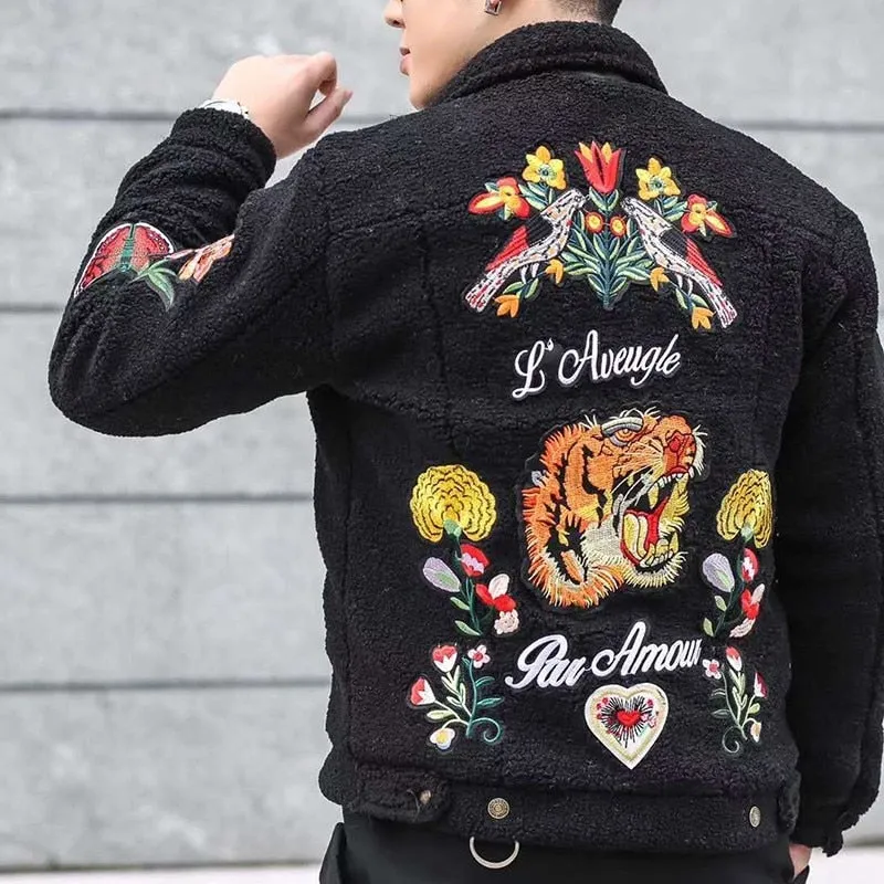 Tiger Head and Living Things Embroidery Details Men Jacket