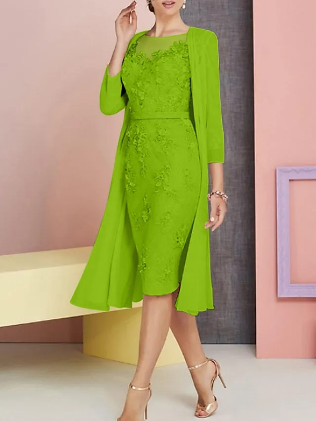 Two Piece Sheath / Column Mother of the Bride Dress Church Vintage Plus Size Elegant Bateau Neck Knee Length Chiffon Lace 3/4 Length Sleeve Jacket Dresses with Appliques 2023