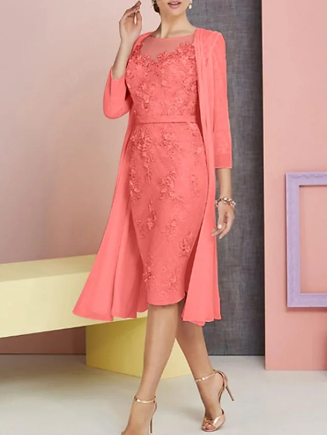 Two Piece Sheath / Column Mother of the Bride Dress Church Vintage Plus Size Elegant Bateau Neck Knee Length Chiffon Lace 3/4 Length Sleeve Jacket Dresses with Appliques 2023