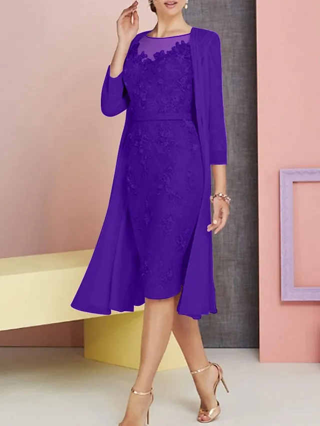 Two Piece Sheath / Column Mother of the Bride Dress Church Vintage Plus Size Elegant Bateau Neck Knee Length Chiffon Lace 3/4 Length Sleeve Jacket Dresses with Appliques 2023