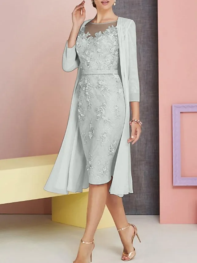 Two Piece Sheath / Column Mother of the Bride Dress Church Vintage Plus Size Elegant Bateau Neck Knee Length Chiffon Lace 3/4 Length Sleeve Jacket Dresses with Appliques 2023
