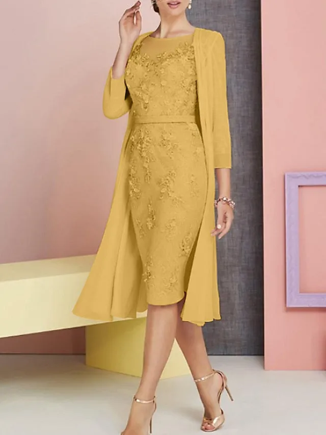 Two Piece Sheath / Column Mother of the Bride Dress Church Vintage Plus Size Elegant Bateau Neck Knee Length Chiffon Lace 3/4 Length Sleeve Jacket Dresses with Appliques 2023