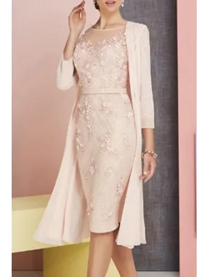 Two Piece Sheath / Column Mother of the Bride Dress Church Vintage Plus Size Elegant Bateau Neck Knee Length Chiffon Lace 3/4 Length Sleeve Jacket Dresses with Appliques 2023
